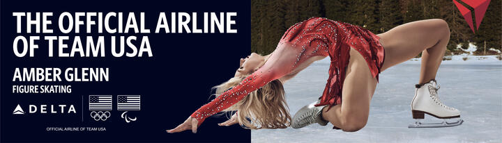 Promotional graphic with text reading ‘The Official Airline of Team USA’ and ‘Amber Glenn – Figure Skating,’ along with Delta, Olympic and Paralympic logos. On the right, figure skater in red costume performs deep backbend pose on an outdoor ice rink