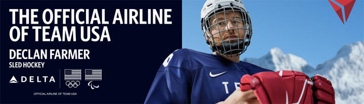 Promotional graphic with text reading ‘The Official Airline of Team USA’ and ‘Declan Farmer – Sled Hockey,’ along with Delta, Olympic and Paralympic logos. On the right, athlete wears blue hockey uniform holding red gloves with snowy mountains in background