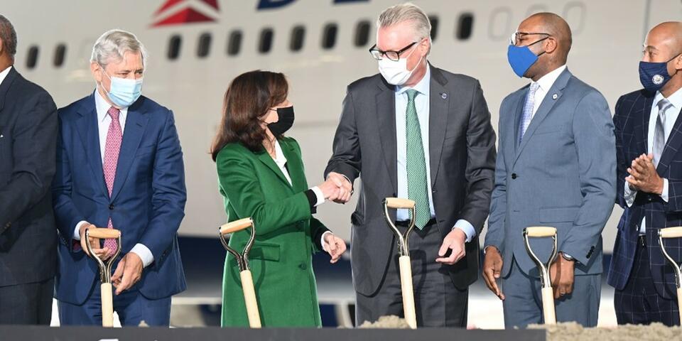 Ed Bastian joins New York officials at JFK.