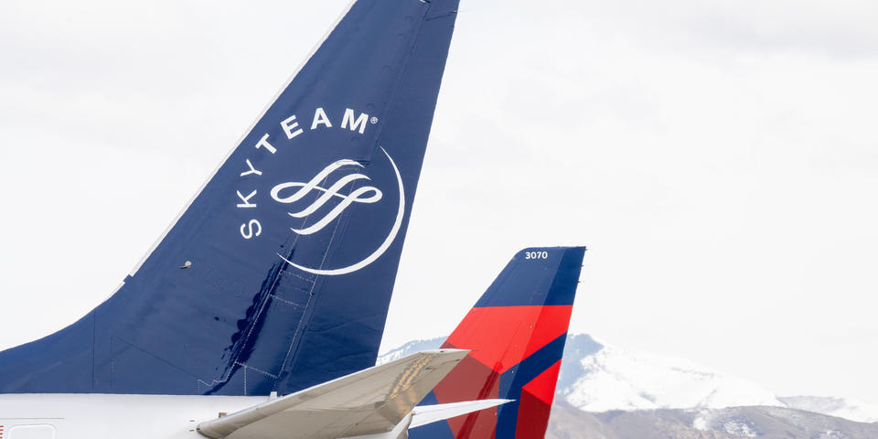 A Delta Air Lines 737-800 in SkyTeam livery is seen at Salt Lake City International Airport (SLC). Delta is a founding member of the SkyTeam alliance.