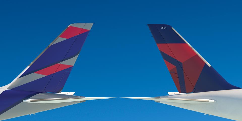 Tails from Delta and LATAM aircraft