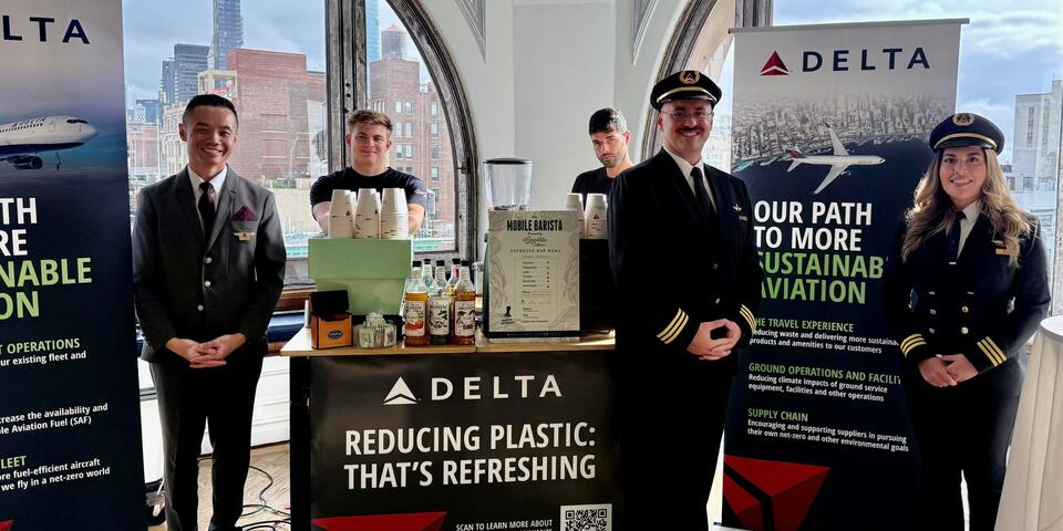 Delta pilots and flight attendants attend New York Climate Week to display Delta's sustainability efforts.