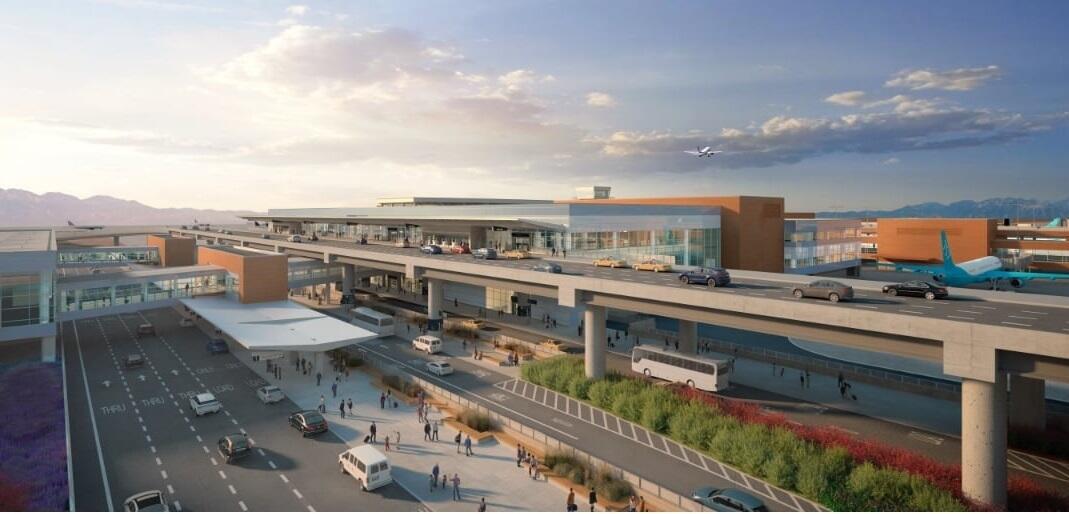 Wide shot of new SLC airport with beautiful sky in background