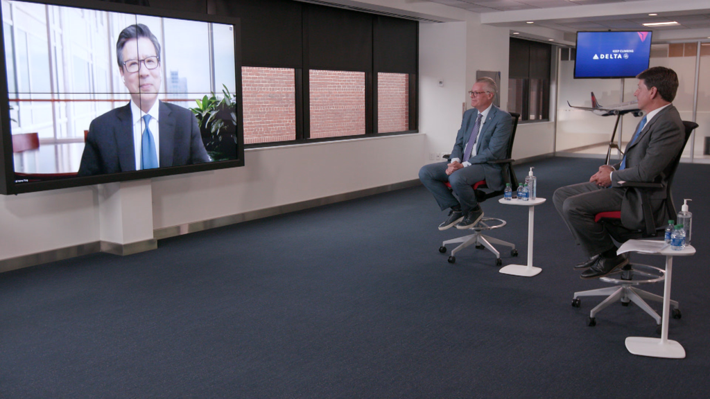 Ed Bastian, Bill Lentsch and Dr. Henry Ting during employee town hall