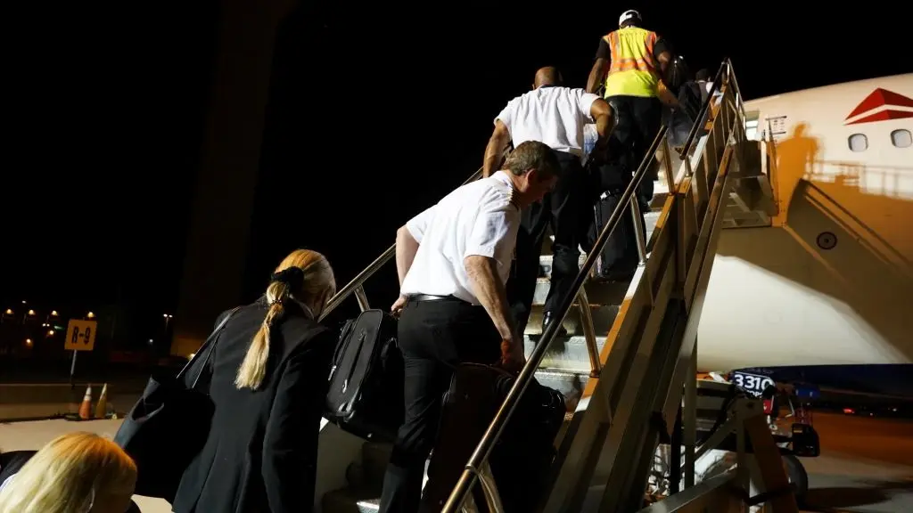 A Delta flight crew boards for a Civil Reserve Air Fleet flight.