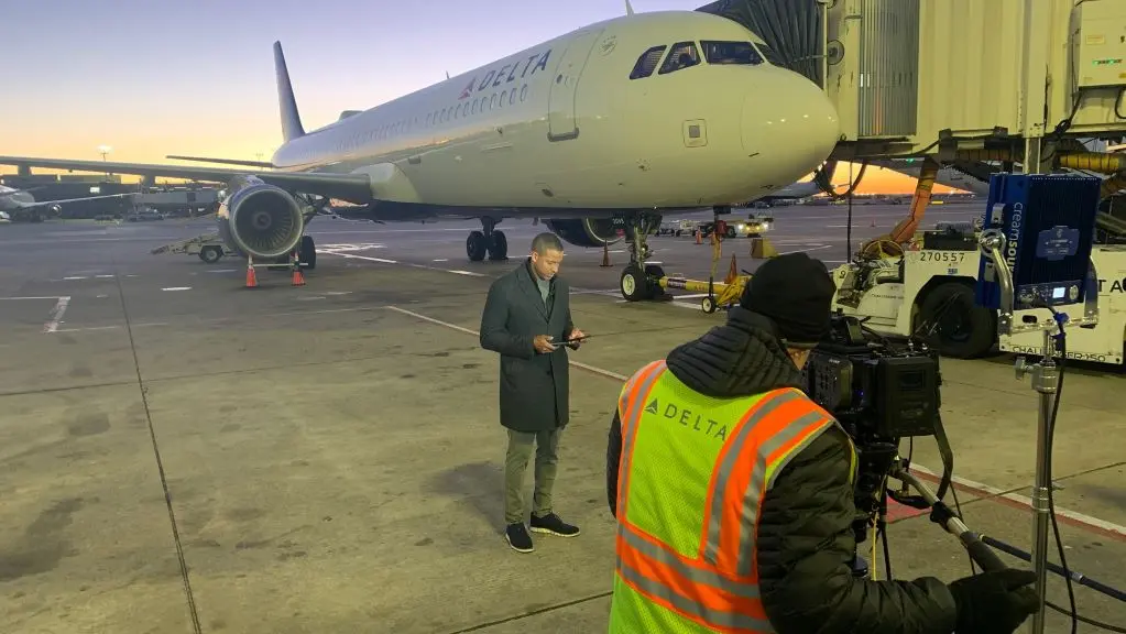 CBS Mornings sets up for their live shot behind the scenes of Delta.