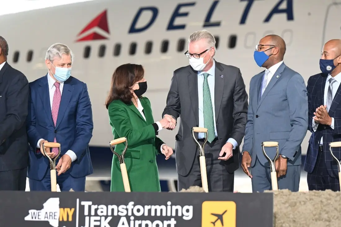 Ed Bastian joins New York officials at JFK.