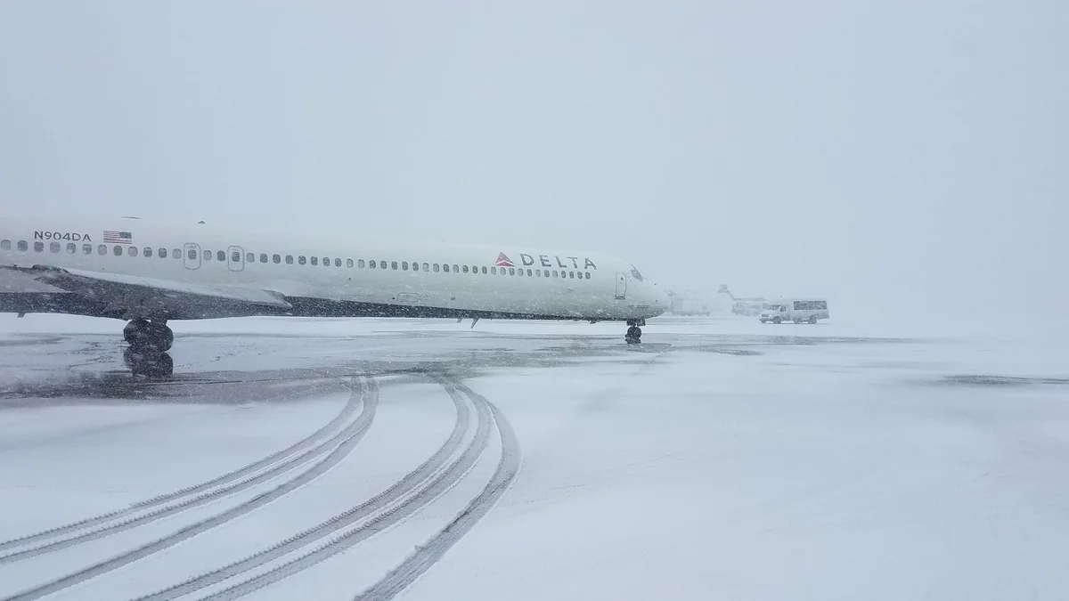 Parked Delta plane in snow.