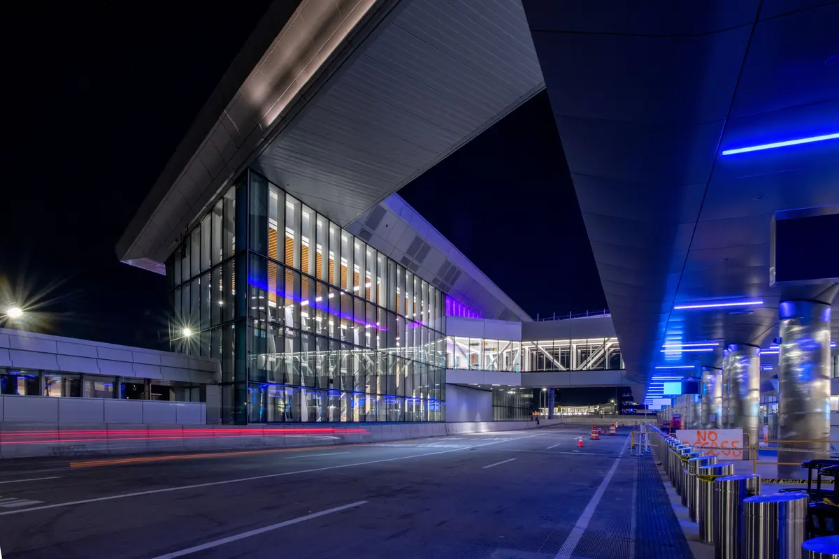 Delta's new Terminal C at LGA, exterior view at night