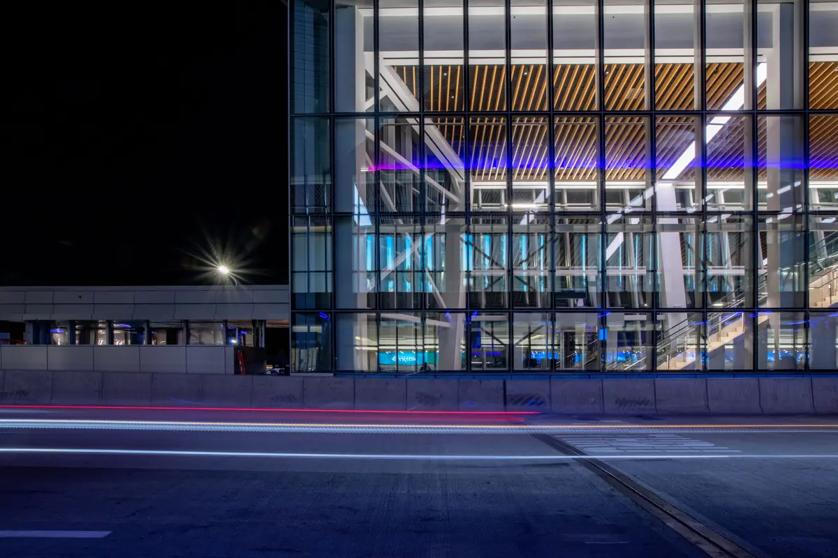 Delta's new Terminal C at LGA, exterior view at night