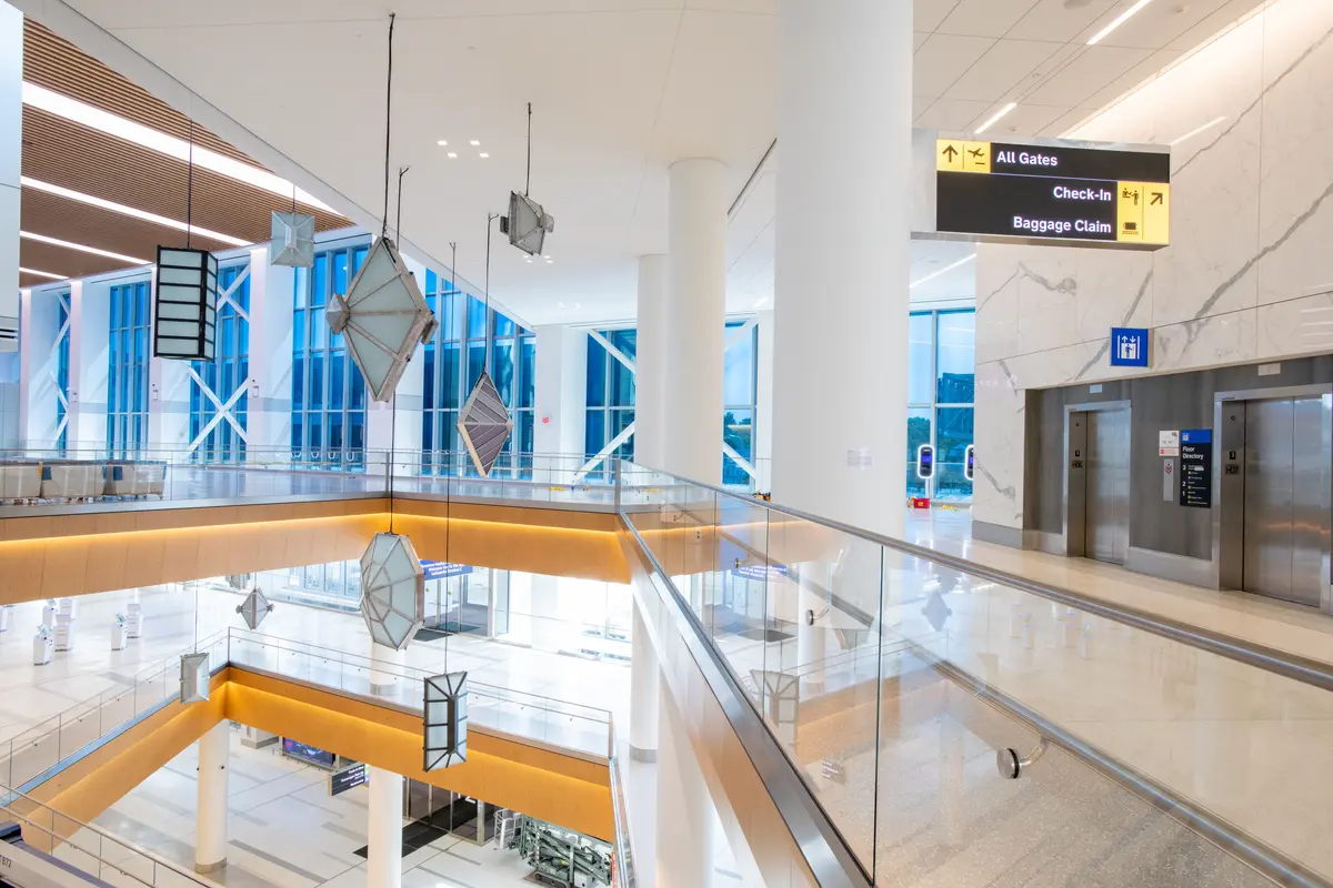 Art installation by Virginia Overton in the atrium of Delta's new LGA terminal