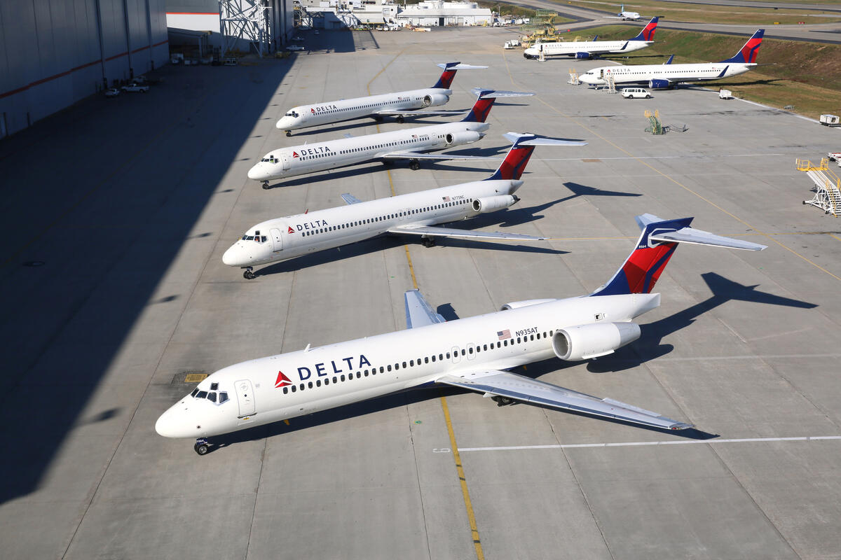 Aerial view of parked Boeing 717-200 aircraft