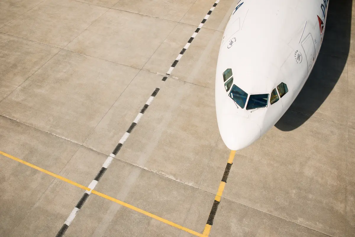 Overhead shot of an A330-300 nose