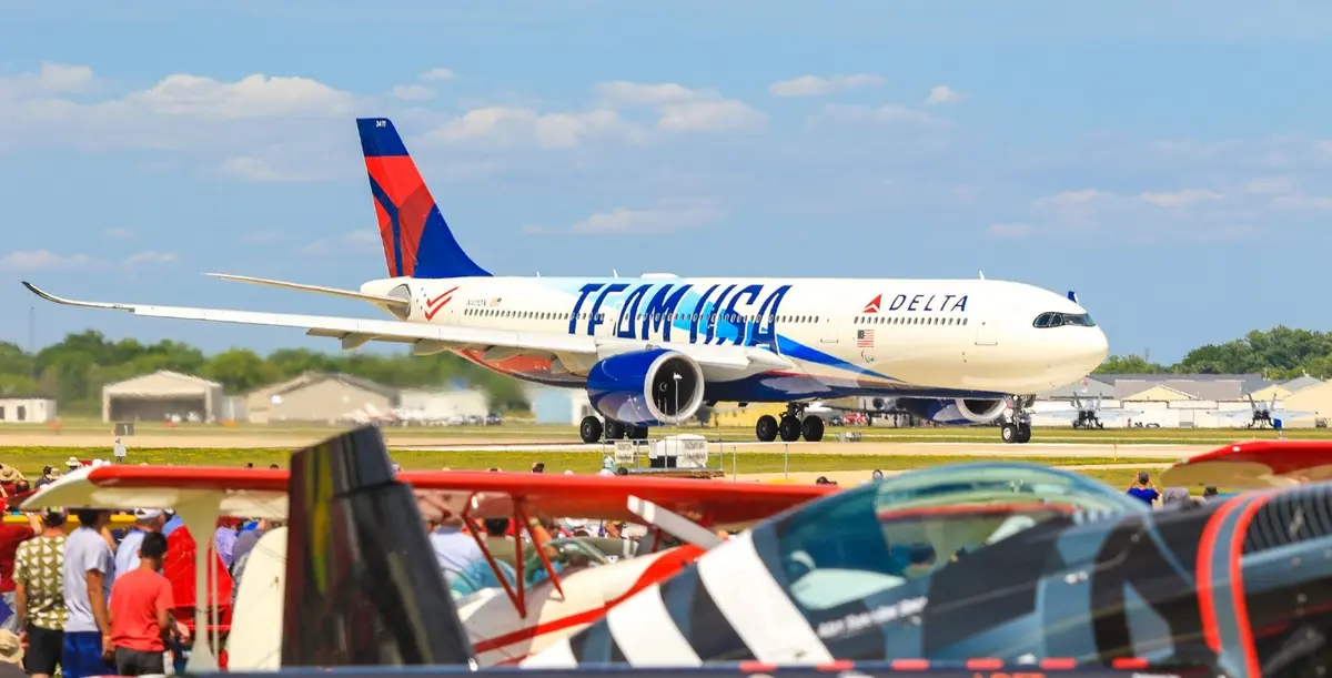 Delta’s Team USA A330-900neo taking off for its flight demonstration