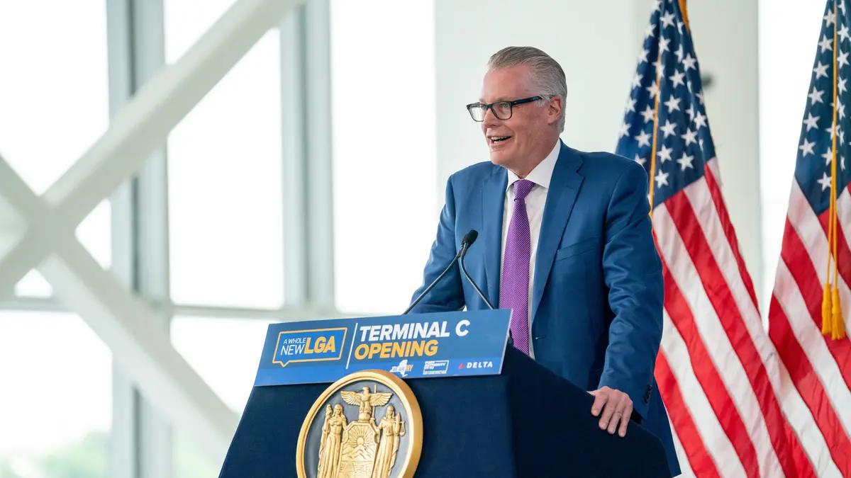 Delta CEO Ed Bastian speaking at the opening of the new Delta terminal at LaGuardia