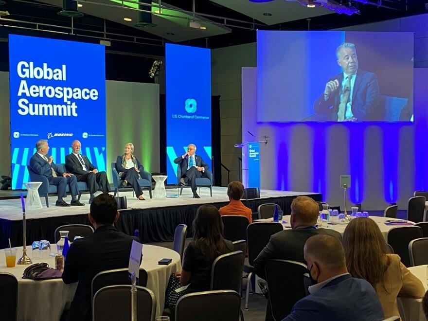 Capt. Patrick Burns speaks on a panel at the U.S. Chamber of Commerce Global Aerospace Summit in September 2022.