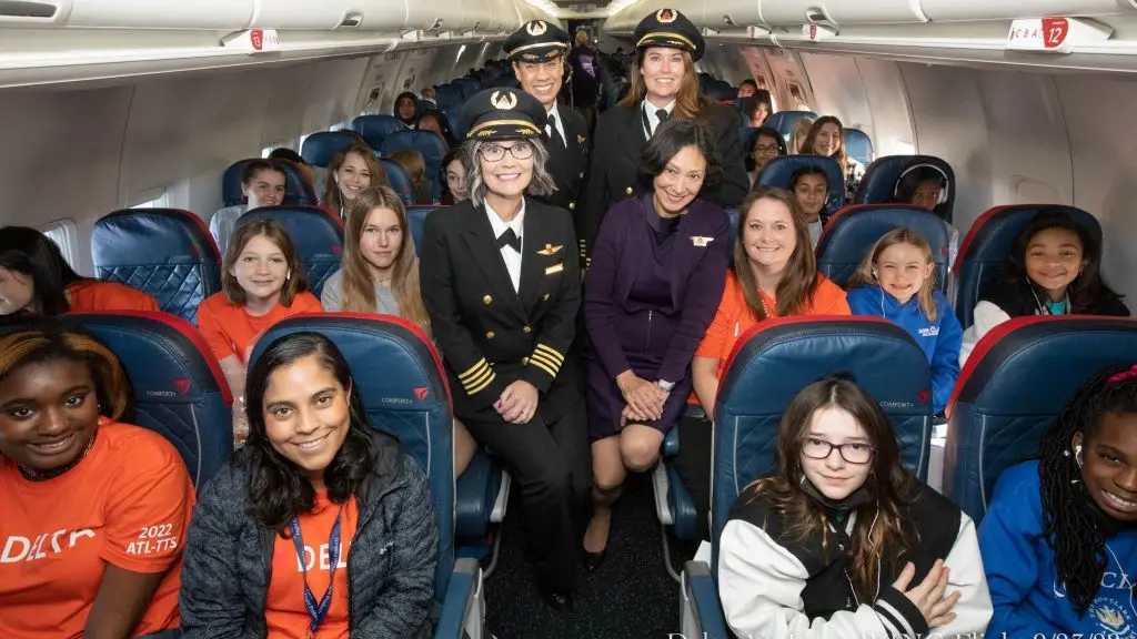 In honor of International Girls in Aviation Day, 130 girls ages 12-18 took flight on a Delta aircraft piloted, staffed and crewed entirely by women as they learned about careers in aviation and aerospace. 