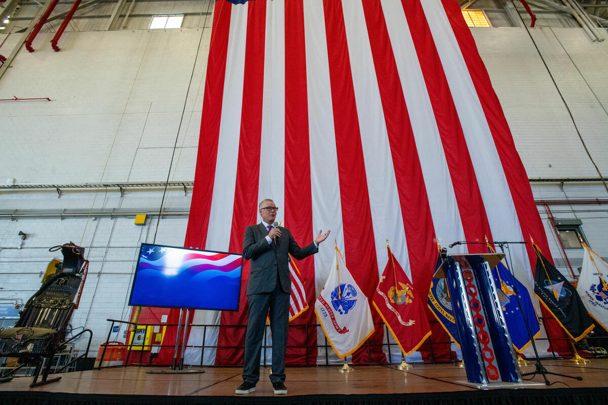 Delta CEO Ed Bastian speaks at the airline's annual Veterans event on Nov. 4, 2022.