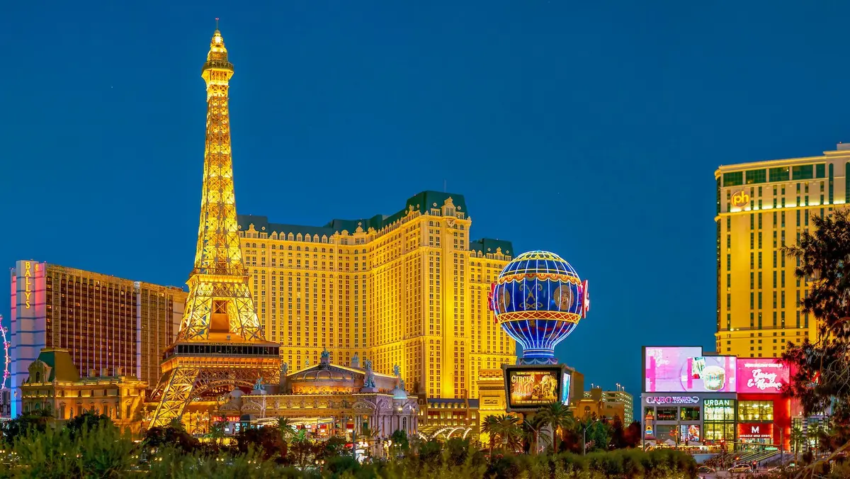 A portion of the Las Vegas, Nevada skyline at dusk.