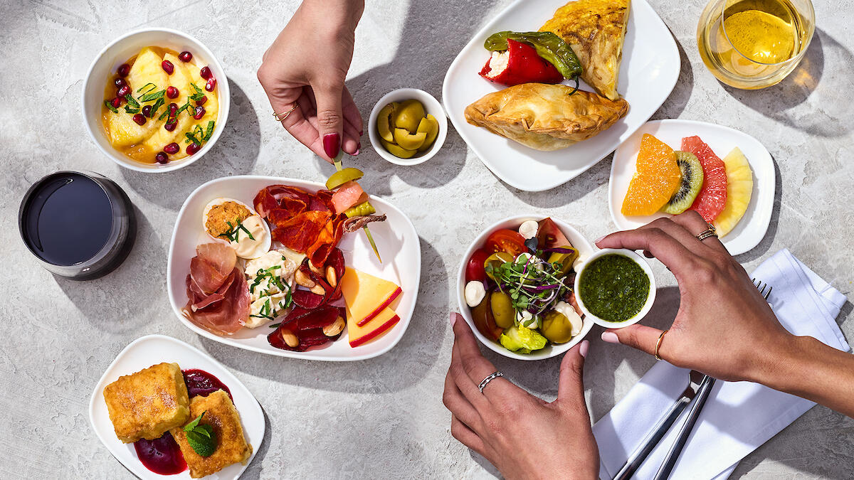 An array of Spanish tapas offered in Delta One as part of the pre-arrival menu selections.