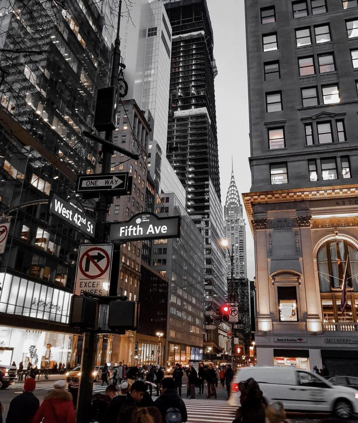 The intersection of W. 42nd Street and 5th Avenue in New York City.