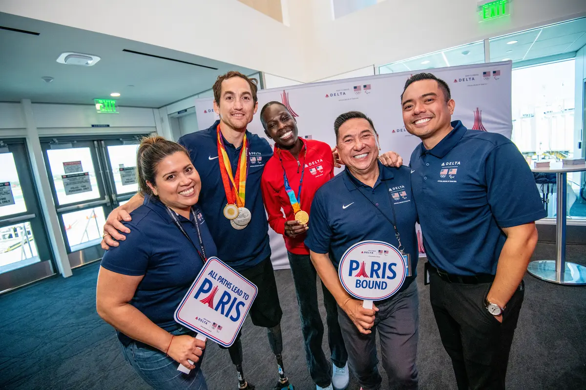Delta people, customers and friends celebrate the departure of Delta Flight 290 from Los Angeles International Airport (LAX) to Paris Charles de Gaulle Airport (CDG).