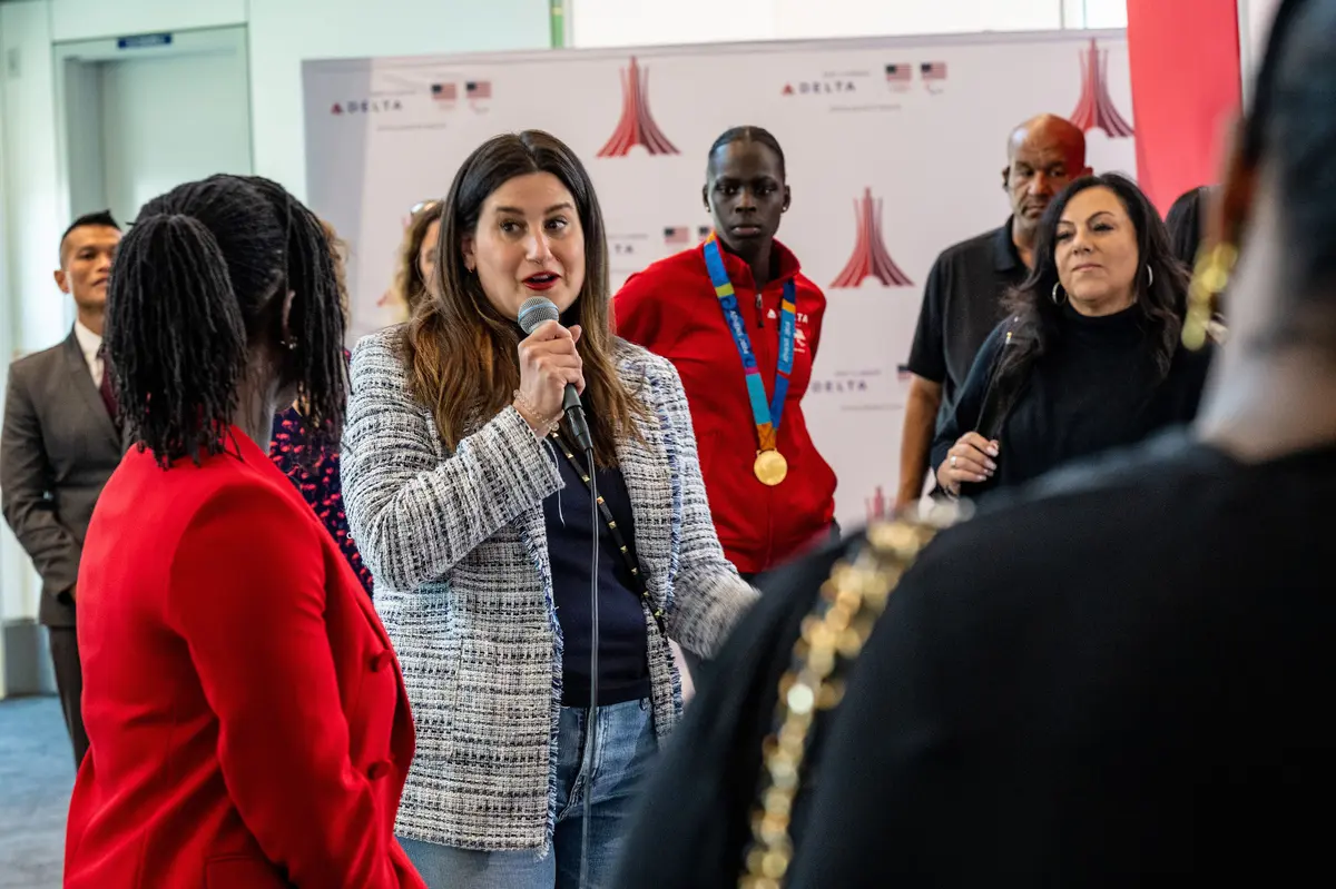 Delta people, customers and friends celebrate the departure of Delta Flight 290 from Los Angeles International Airport (LAX) to Paris Charles de Gaulle Airport (CDG).
