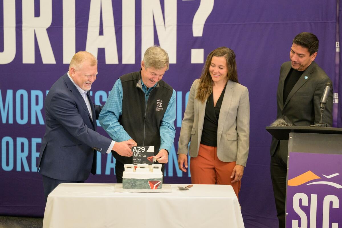 Officials participate in a ribbon-cutting ceremony at SLC on May 16, 2023. Delta’s growth continues at Salt Lake City International Airport with the opening of five additional gates this week, following the initial launch of a new 900,000-square-foot Concourse A in Sept. 2020.