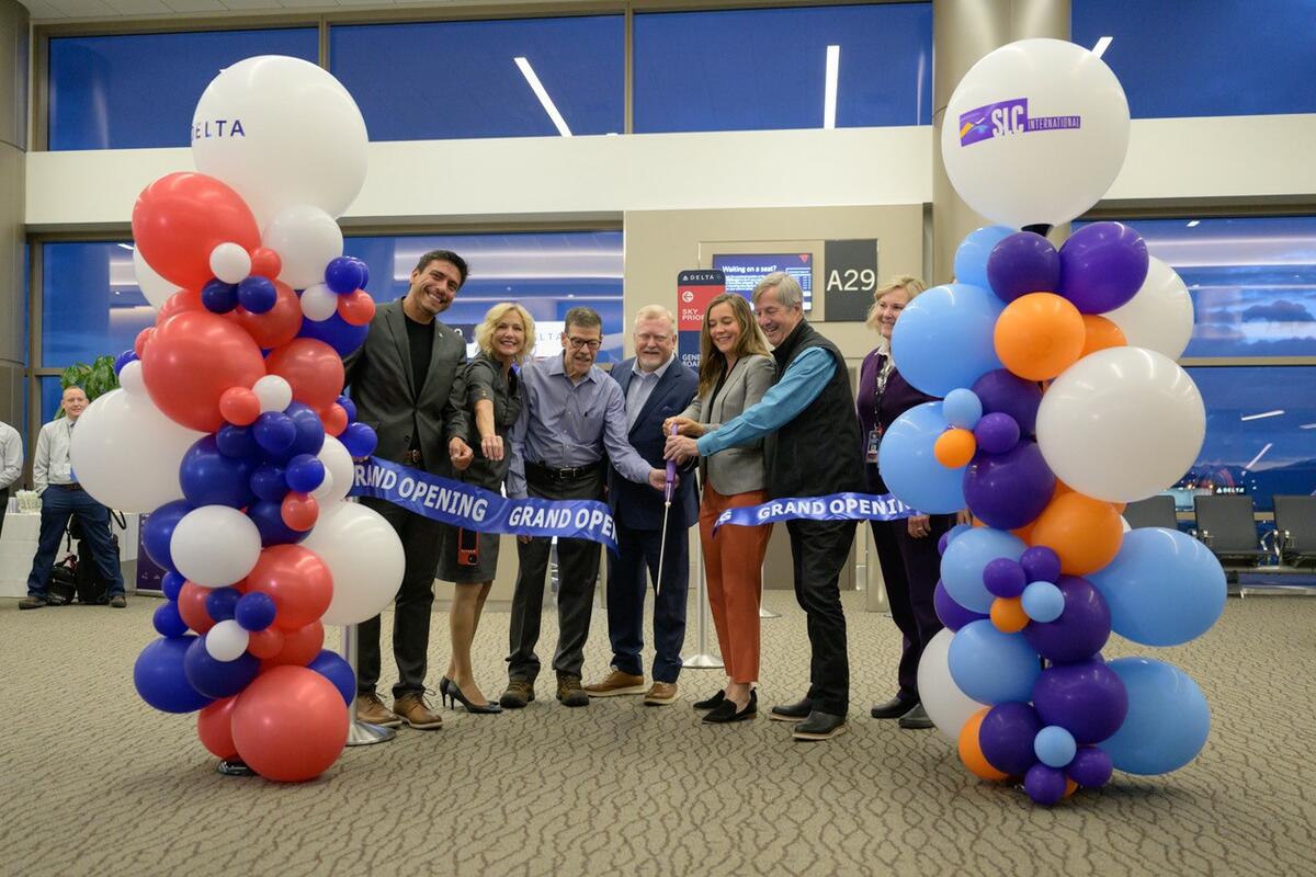 Officials participate in a ribbon-cutting ceremony at SLC on May 16, 2023. Delta’s growth continues at Salt Lake City International Airport with the opening of five additional gates this week, following the initial launch of a new 900,000-square-foot Concourse A in Sept. 2020.