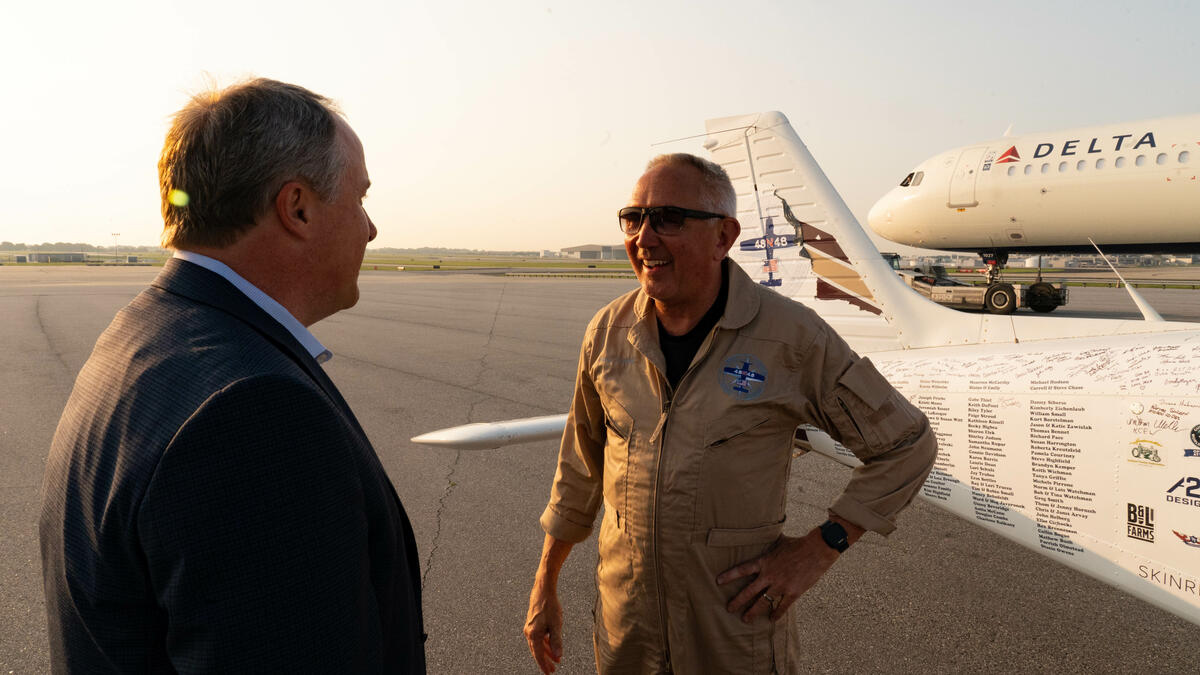 Pilots Barry Behnfeldt and Aaron Wilson, along with maintenance technician Thomas Twiddy make a stop at Hartsfield-Jackson Atlanta International Airport (ATL) during their 48N48 mission -- an attempt to land in all 48 of the contiguous states within 48 hours. They were greeted by Delta Chief of Operations John Laughter.