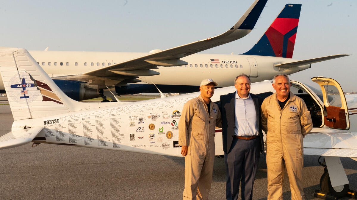 Pilots Barry Behnfeldt and Aaron Wilson, along with maintenance technician Thomas Twiddy make a stop at Hartsfield-Jackson Atlanta International Airport (ATL) during their 48N48 mission -- an attempt to land in all 48 of the contiguous states within 48 hours. They were greeted by Delta Chief of Operations John Laughter.