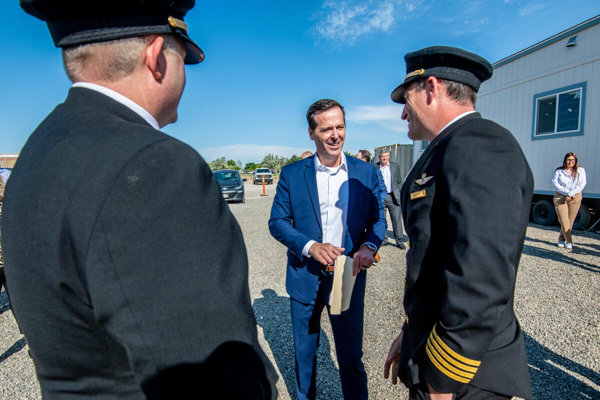 Brad Sheehan, V.P. of Flight Training & Standards at Delta, speaks to pilots during the groundbreaking of Delta's new pilot training facility in its key Mountain West hub, Salt Lake City.