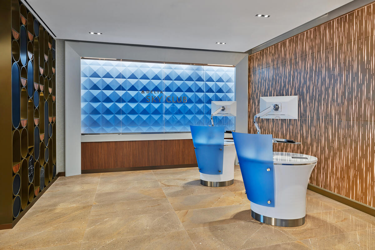 The entry lounge for Delta's fifth and final new location of the year at Newark’s Terminal A.