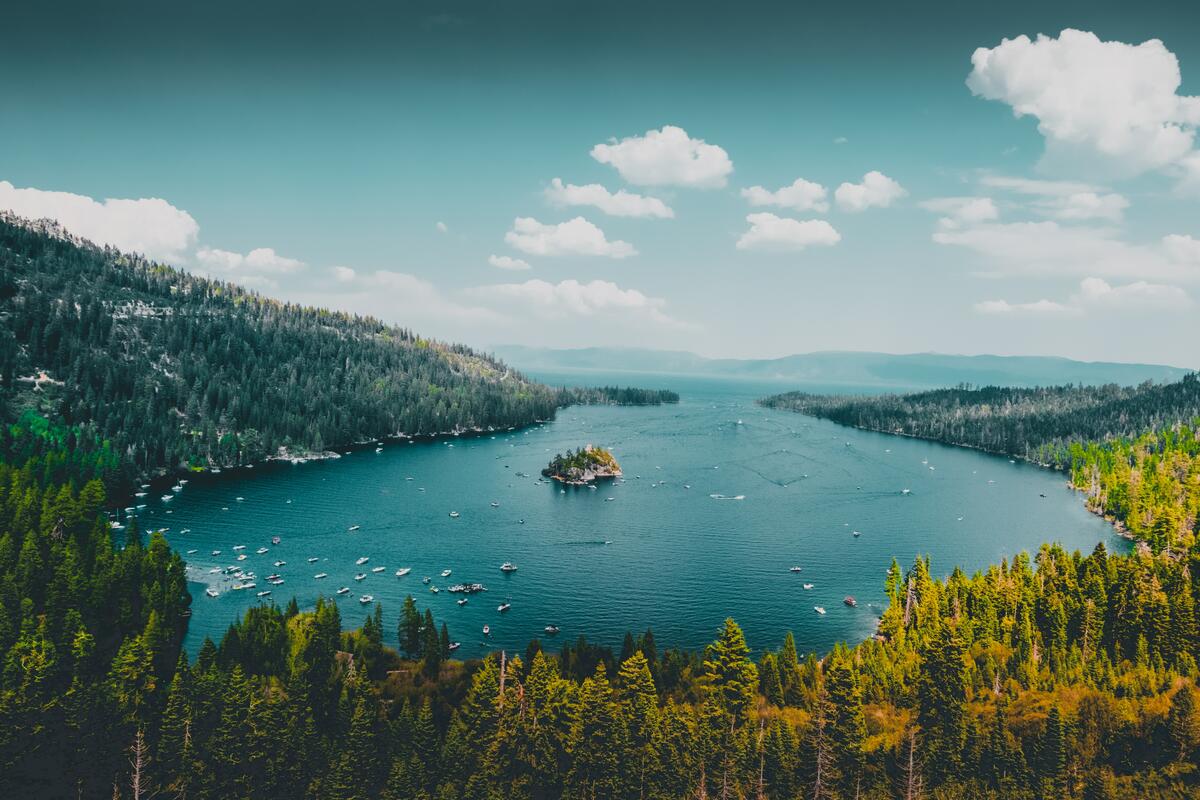 Boats on the water at Emerald Bay State Park in South Lake Tahoe