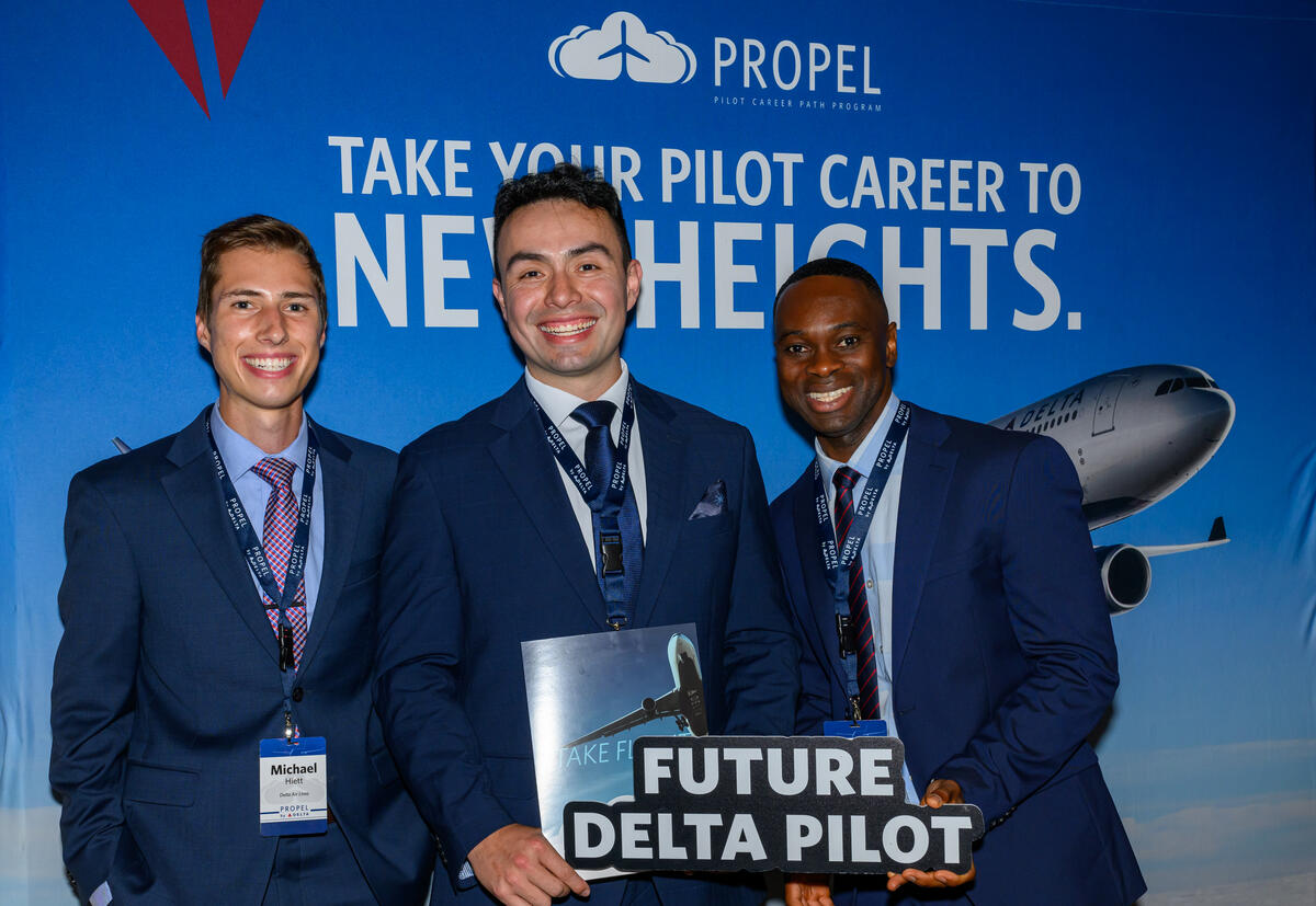 Delta employees Michael Hiett, Andres Martinez and Kermit Obeng join Delta's 2023 Propel Company Path class.