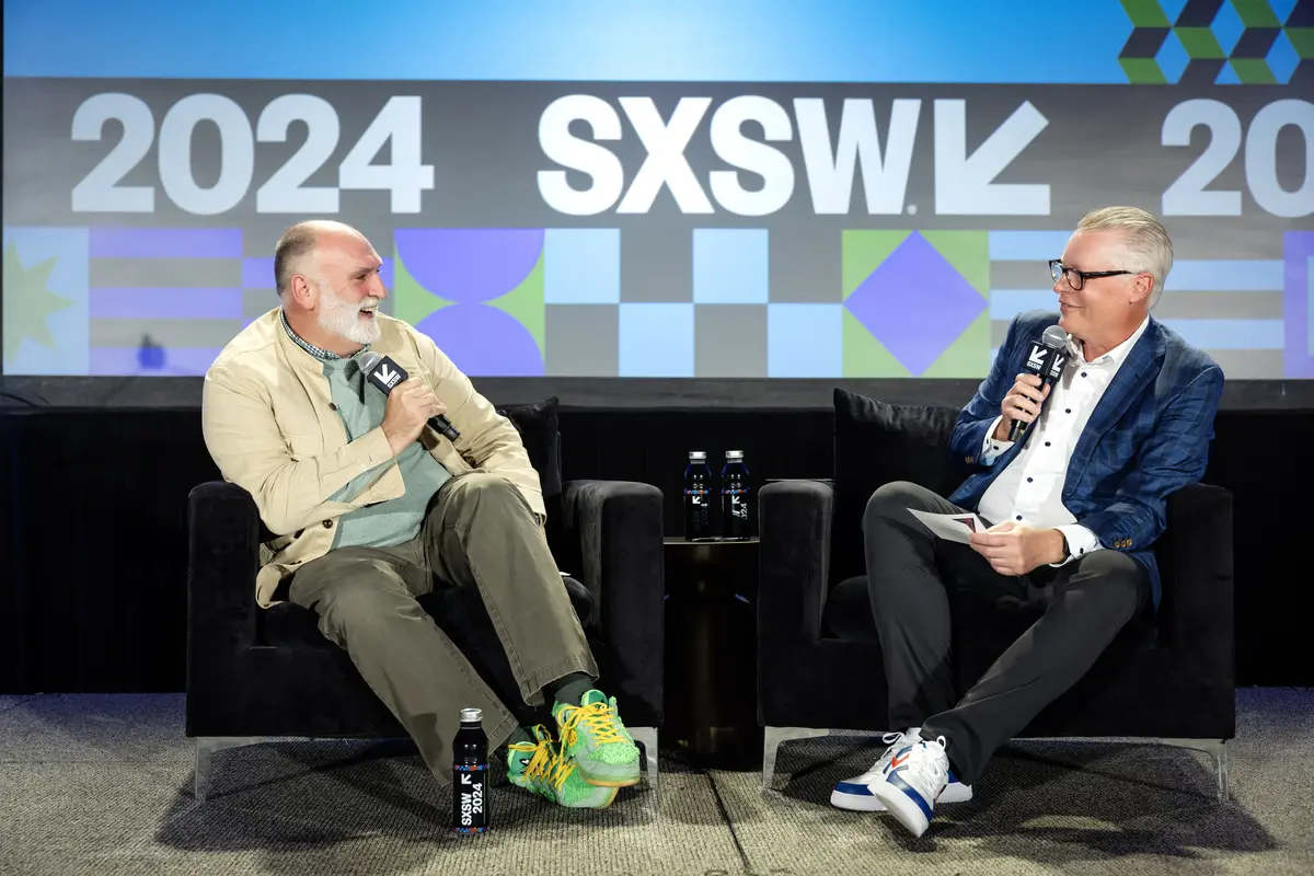 Ed Bastian, Delta Air Lines CEO, interviews chef and humanitarian José Andrés during the second half of the SXSW Featured Session: "People First, Always: How to Put Values at the Heart of your Business" on March 10, 2024. 