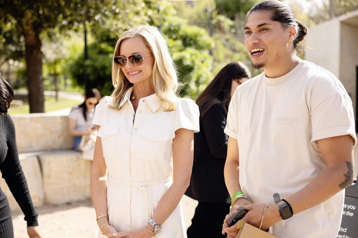 Delta Air Lines CMO Alicia Tillman and Ruben Esquivel, local Austin-based muralist (East End Eclectic) view the Waterloo Greenway activation during the SXSW 2024 festivities.