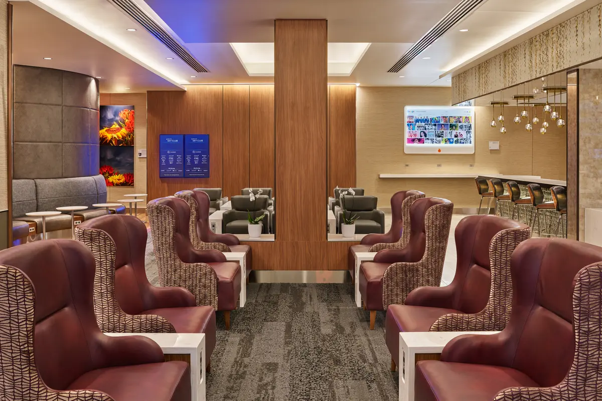 Some of the seating in the Delta Sky Club at Detroit Metropolitan Airport