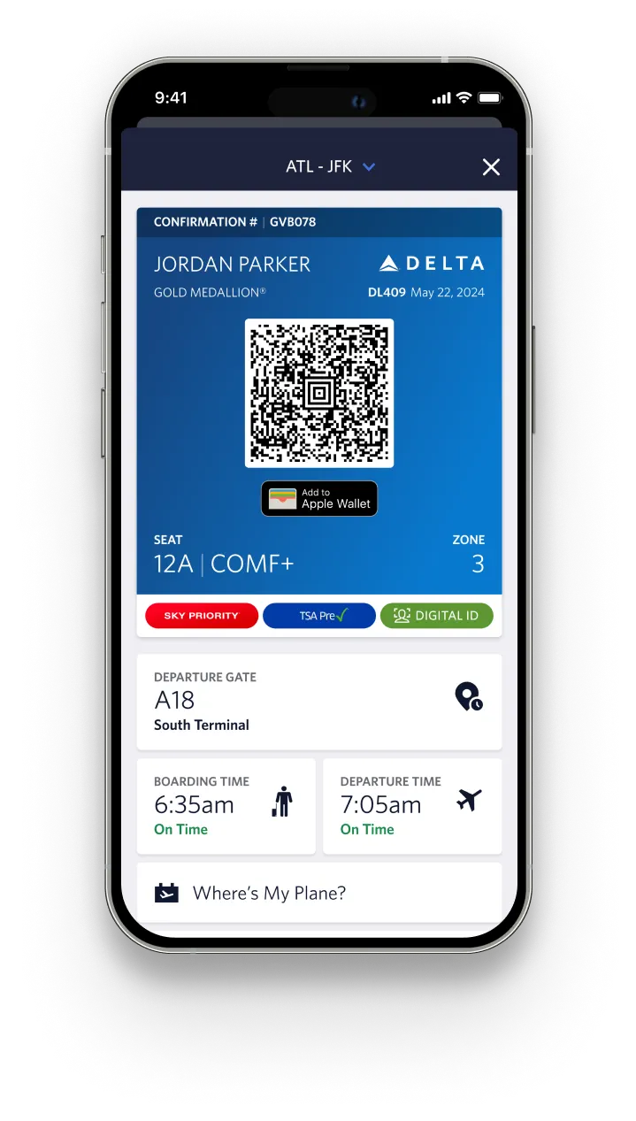 A boarding pass shown in the Fly Delta app