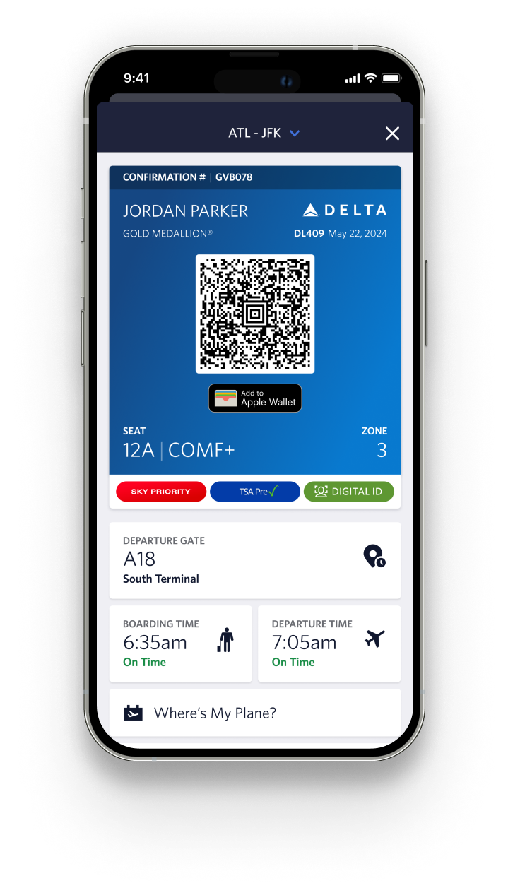 A boarding pass shown in the Fly Delta app