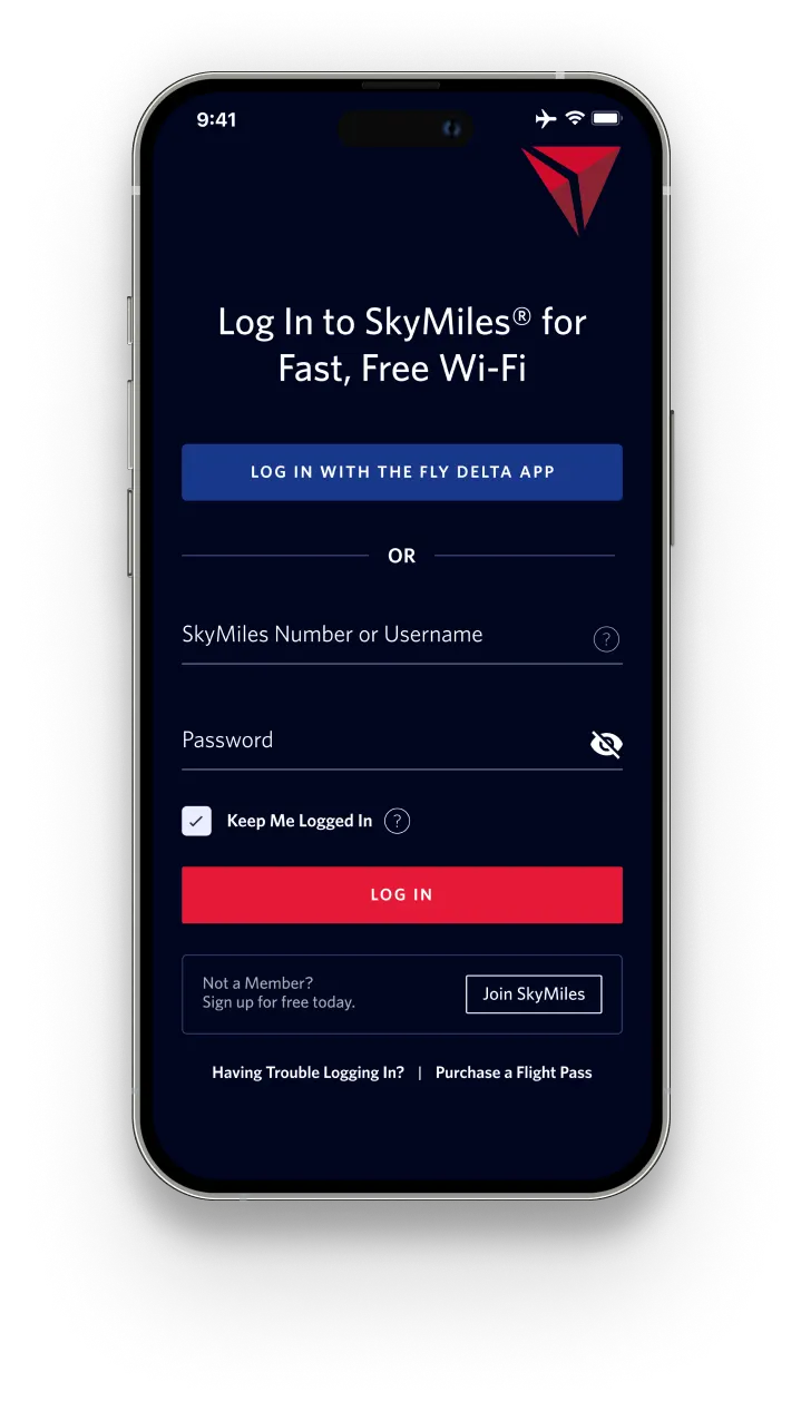 The log-in page on a mobile phone for Delta's fast, free Wi-Fi.