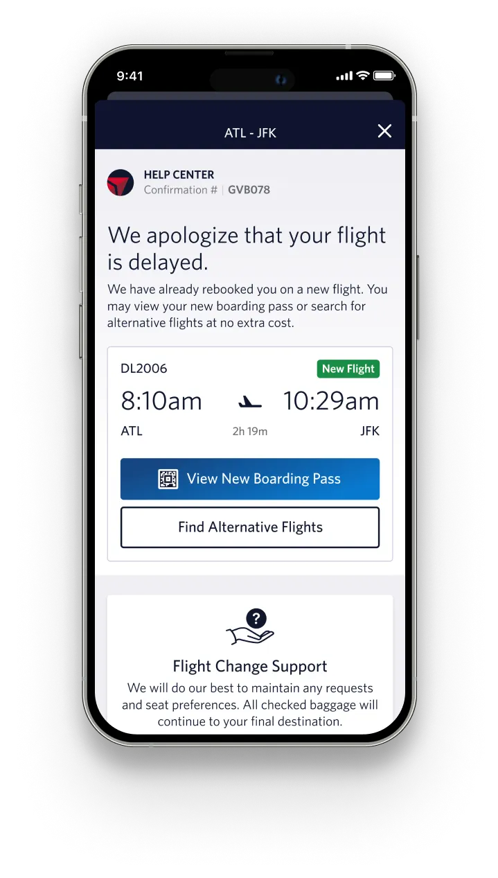 The new Help Center view in the 6.0 version of the Fly Delta app