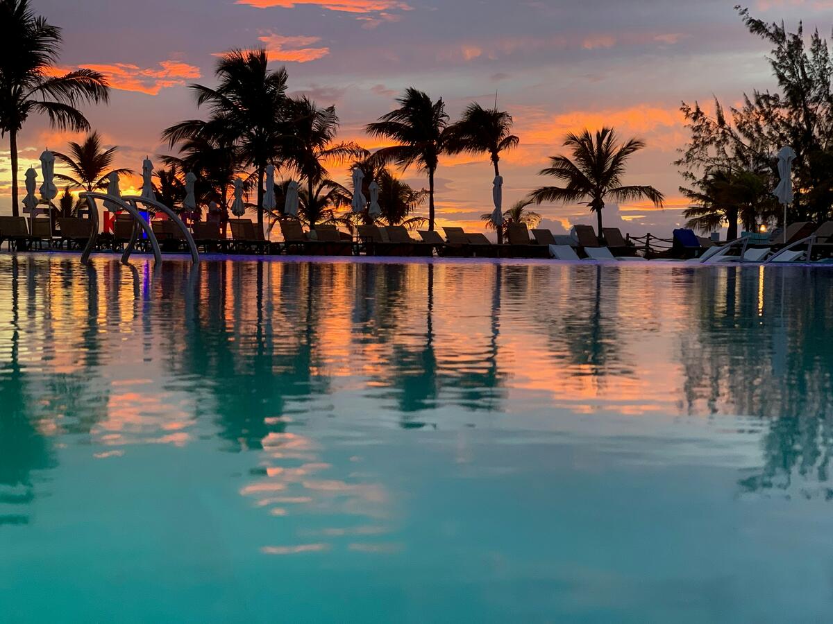 Coconut trees and a pool against a sunrise in Turks and Caicos