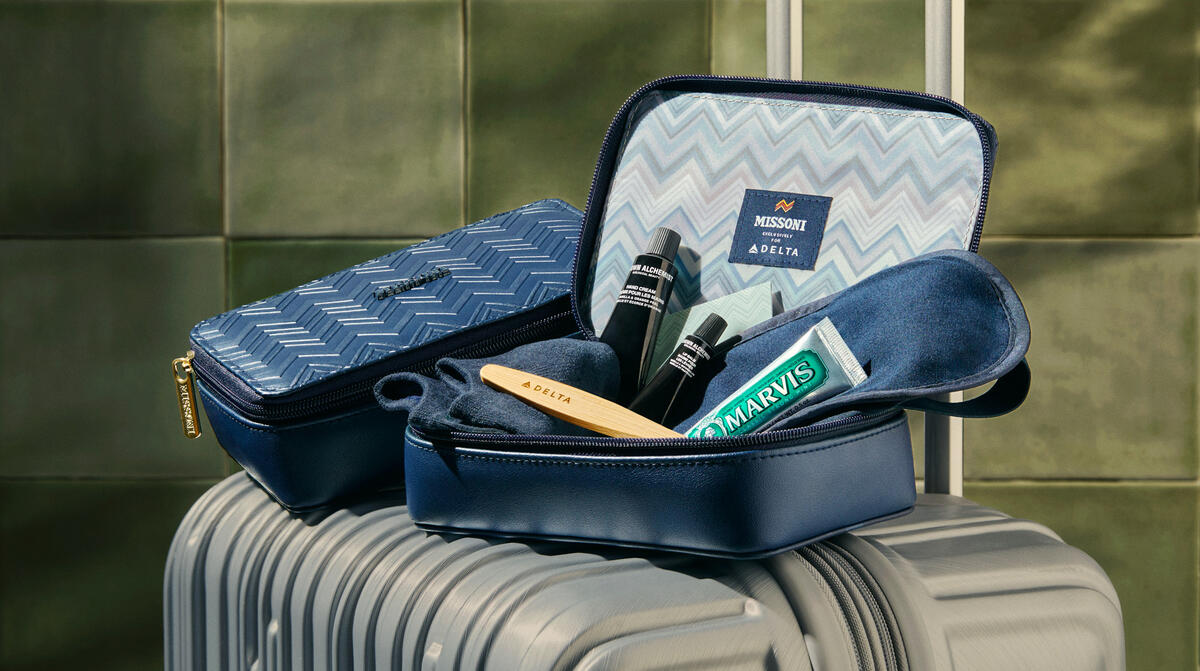 A product shot of the news Missoni amenity kits coming to all Delta One flights in September.