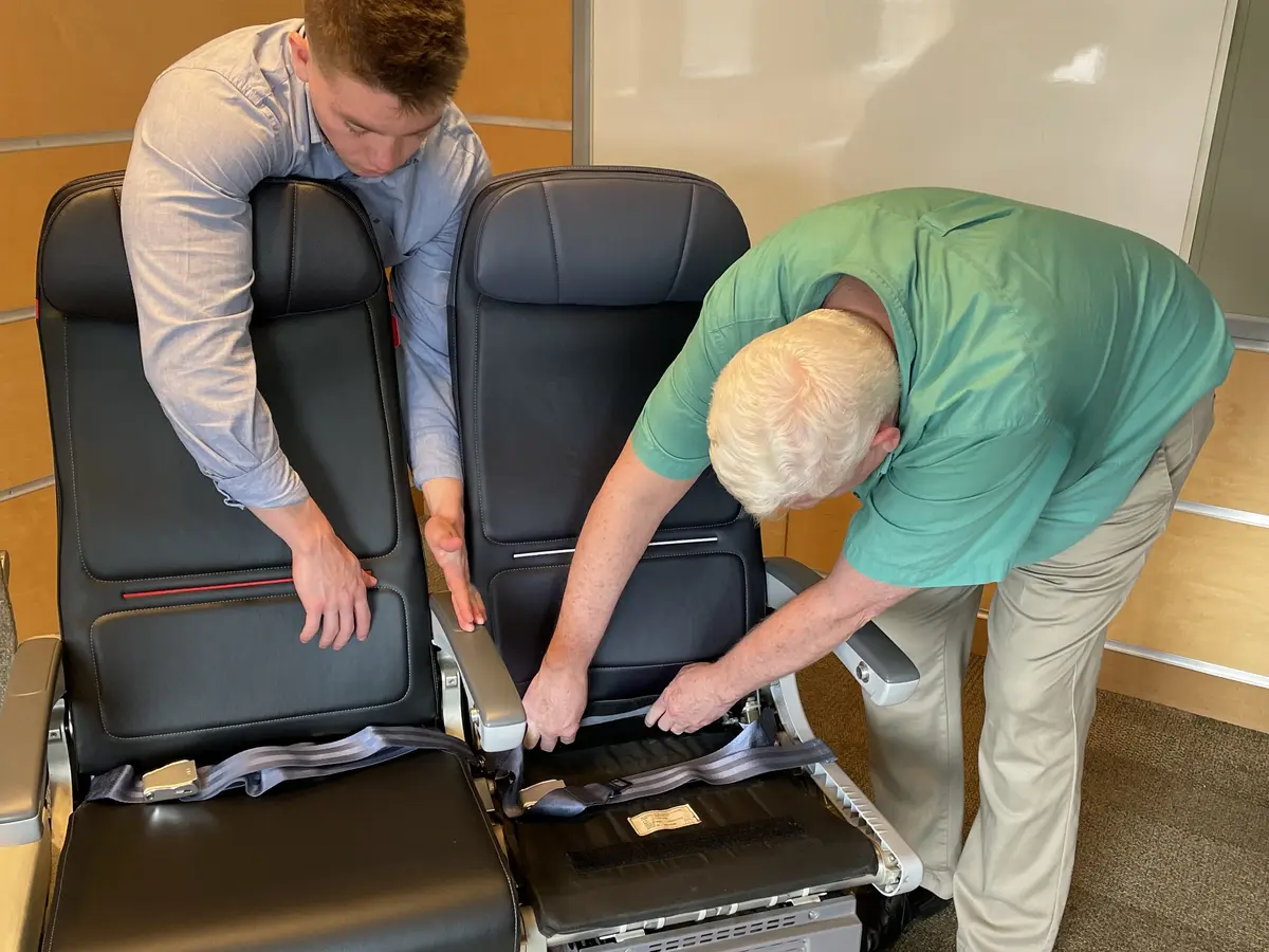 Jack Newman from the Onboard Experience team and Paul Anderson from the Cabin Engineering team attend one of our first seat cover design workshops for Delta's cabin interior redesign.