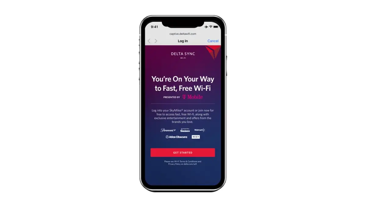 The log-in page on a mobile phone for Delta's fast, free Wi-Fi.