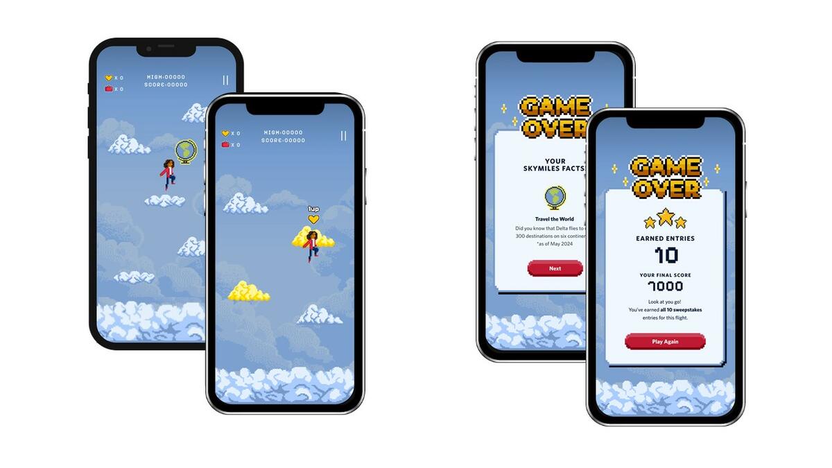 The game screens for Delta's new Sky Hopper game, available onboard for Delta SkyMiles Members through Delta Sync Wi-Fi.