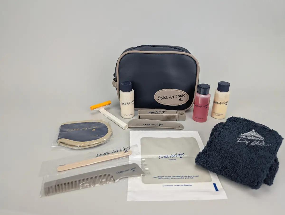 A Delta amenity kit from 1985 and its contents