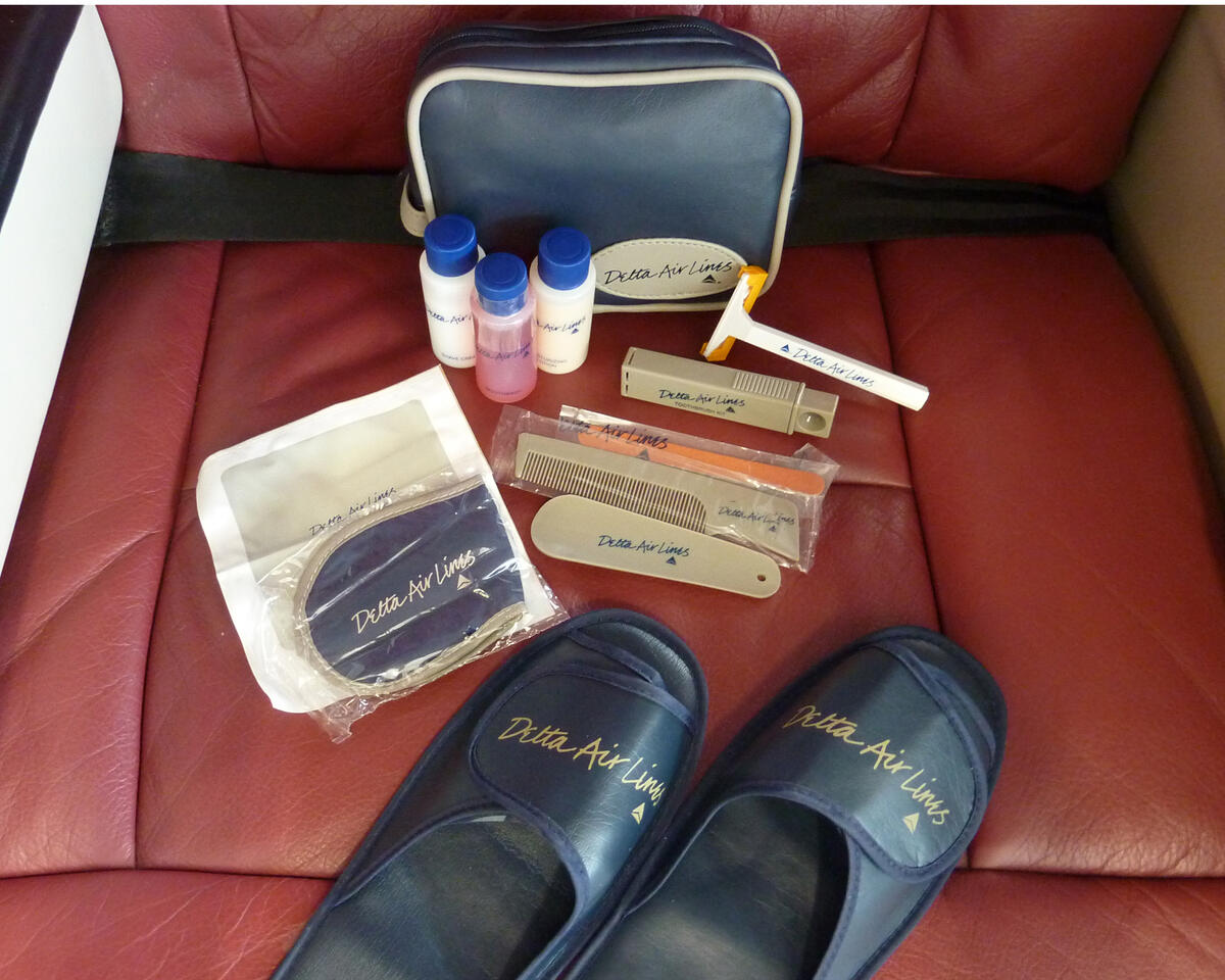 A Delta amenity kit from 1987 and its contents