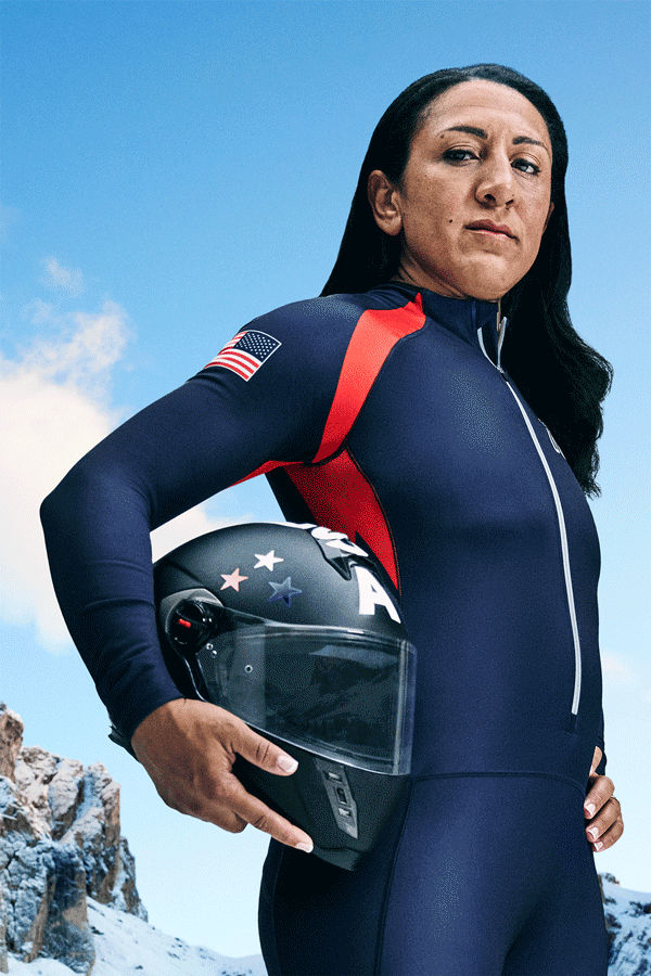Elana Meyers Taylor posing with bobsled helmet